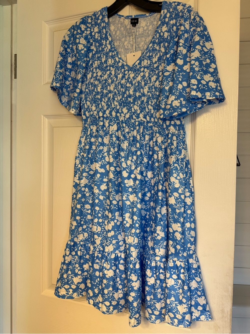 Amazon Blue and White Floral Smocked V-Neck Dress